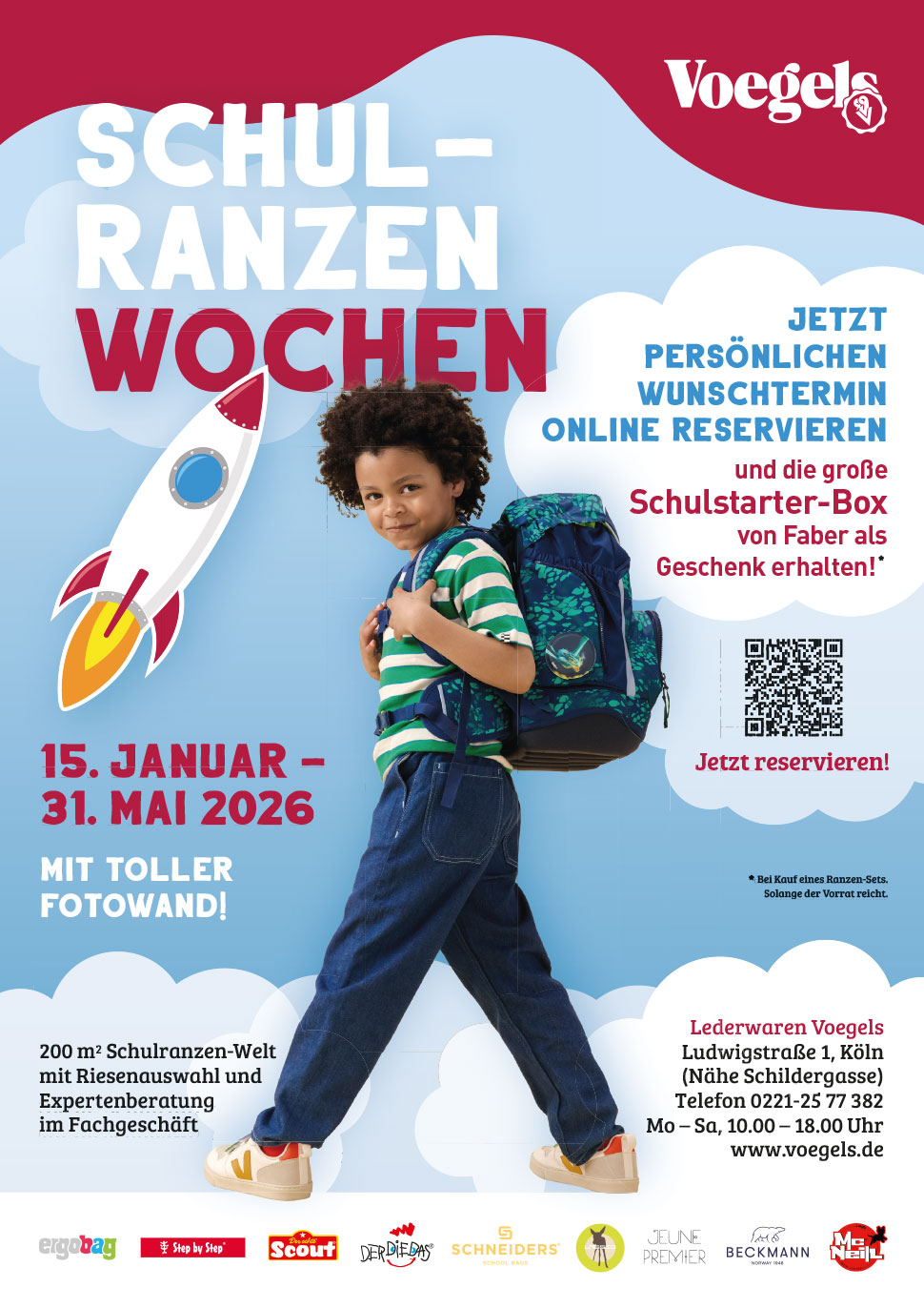 Anzeigengrafik Schulranzenwochen 15.01. bis 31.05.2026 Anzeigengestaltung der Schulranzenwochen 2026 bei Lederwaren Voegels